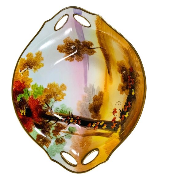 Antique Nippon Autumn Pierced Bowl Decorative Fall Foliage Hand Painted Dish - Picture 4 of 11